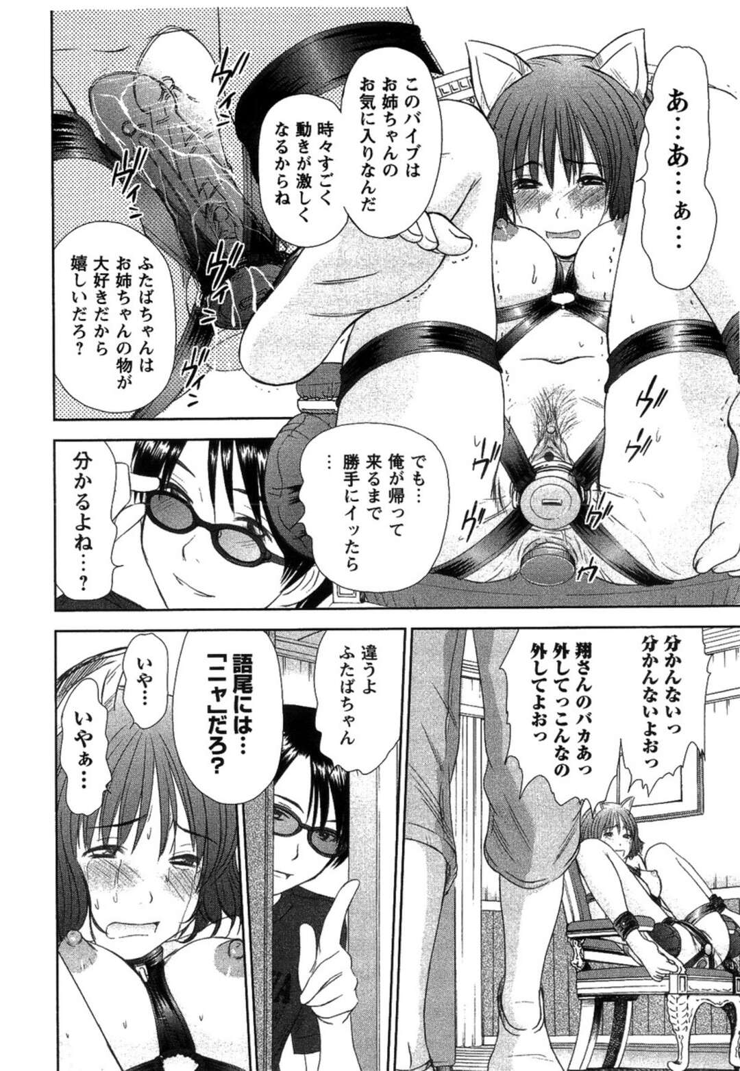 【エロ漫画】【エロ漫画】エロ下着を来て姉の変態な彼を誘惑しちゃう淫乱な妹…猫耳を被せ椅子に拘束されながら2穴にバイブを突っ込まれたまま放置されアヘ顔になっちゃう【さのたかよし：人類ネコ化】