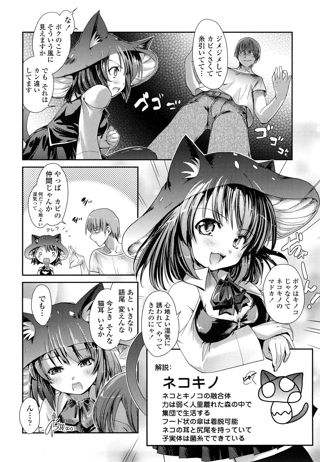 【エロ漫画】【エロ漫画】猫ときのこの融合体なロリ美少女に誘惑されちゃう青年…ご奉仕フェラをされてトロ顔で生ハメ中出しイチャラブセックスしちゃう【にびなも凸面体：ネコキノと雨の町】