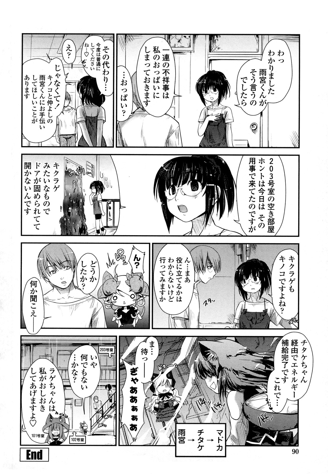 【エロ漫画】【エロ漫画】触手で拘束されちゃう巨乳の淫乱メガネお姉さん…乳首責めや手マンをされて生ハメ中出しセックスで絶頂アクメ堕ちしちゃう【にびなも凸面体 ：ネコキノと雨の町】